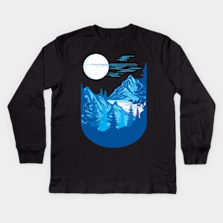 nature mountains design in blue Kids Long Sleeve T-Shirt